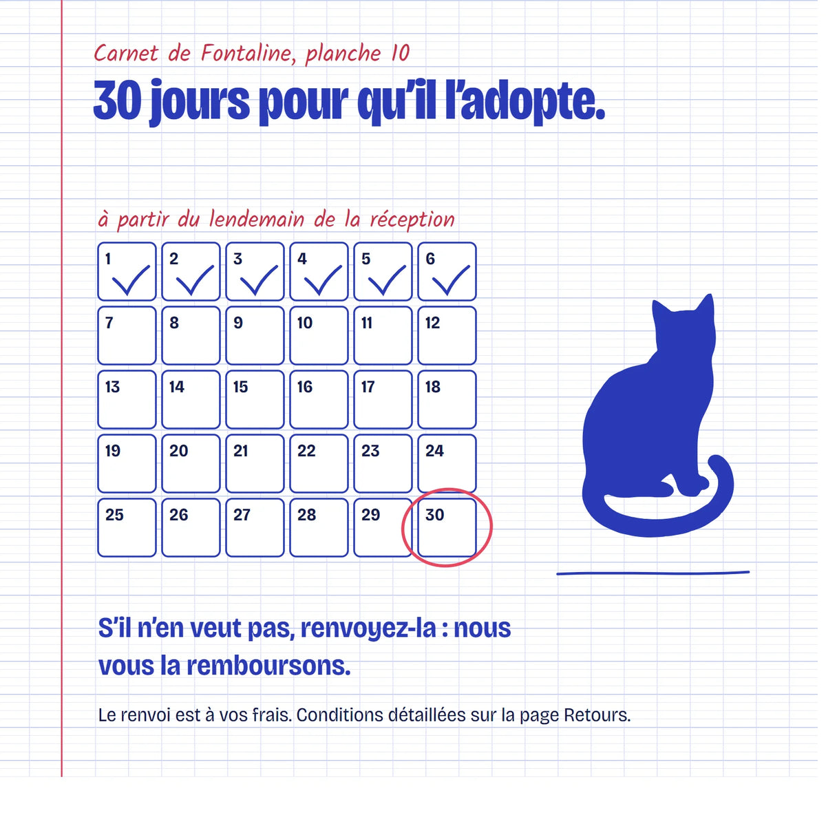 Planche dessinée : 30 jours pour que votre chat adopte la fontaine, sinon elle est remboursée.