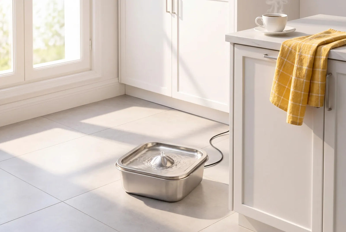 La fontaine en inox au pied des placards d’une cuisine blanche, le matin, une tasse de café sur le plan de travail