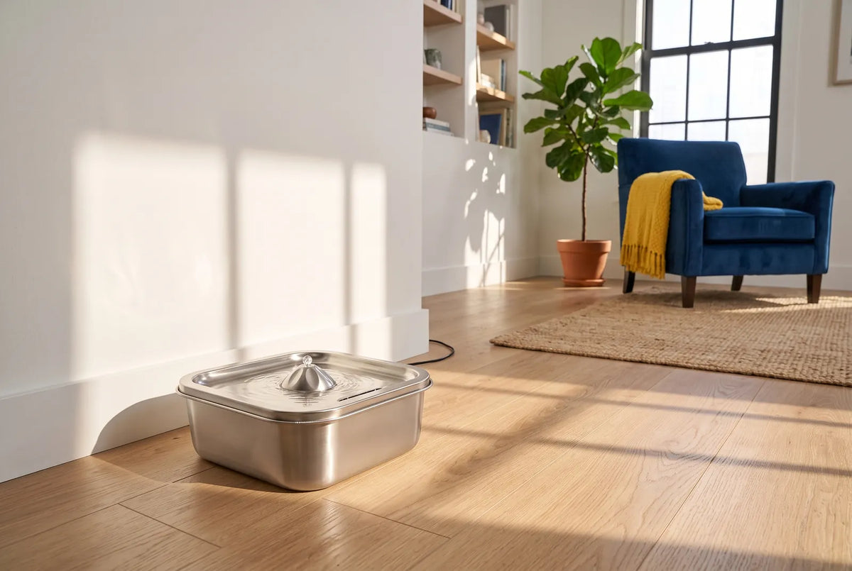 La fontaine en inox sur un parquet ensoleillé, dans un salon vide à midi