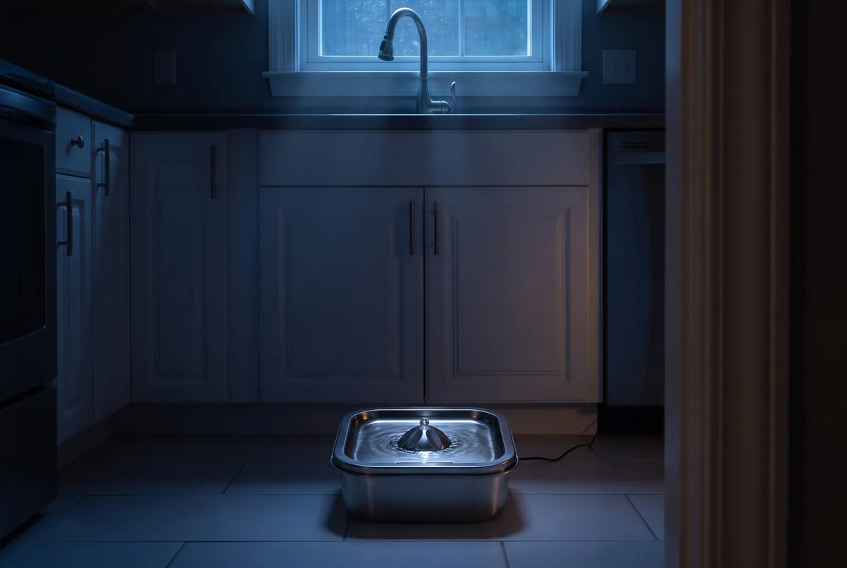 Une cuisine dans la nuit, robinet fermé, la fontaine en inox au sol dans la lumière de la lune