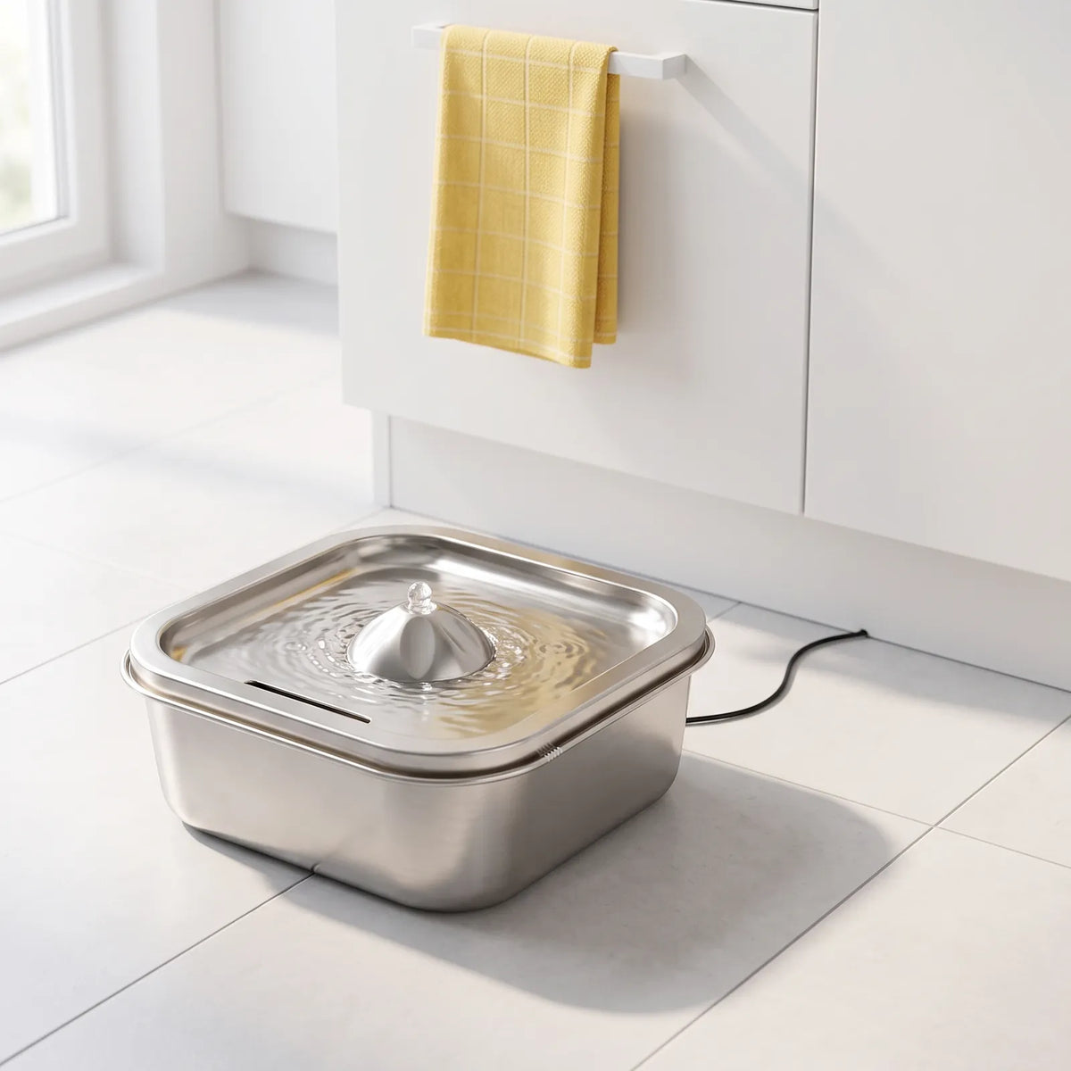 Fontaine Fontaline en inox posée au sol dans une cuisine claire, l’eau coule sur le plateau. Image de mise en scène générée par IA.