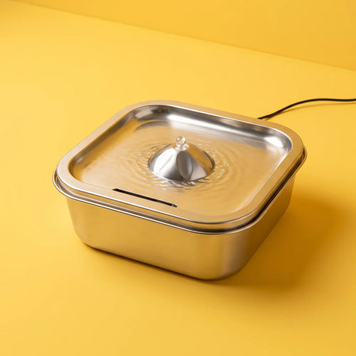 Fontaine Fontaline en inox sur fond jaune, vue de trois quarts. Image générée par IA.