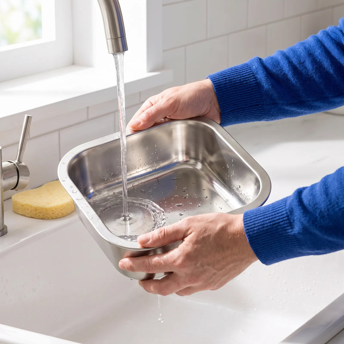 Deux mains rincent le bol en inox de la fontaine sous le robinet. Image générée par IA.